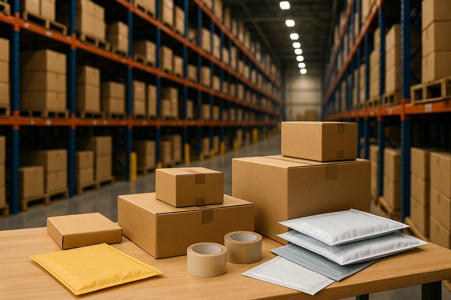 Im hintergrund eine Lagerhalle mit hochregallager. im vordergrund ein Packtisch mit verschiedenen versandverpackungen von kartons bishin zu versandtaschen und klebebeändern